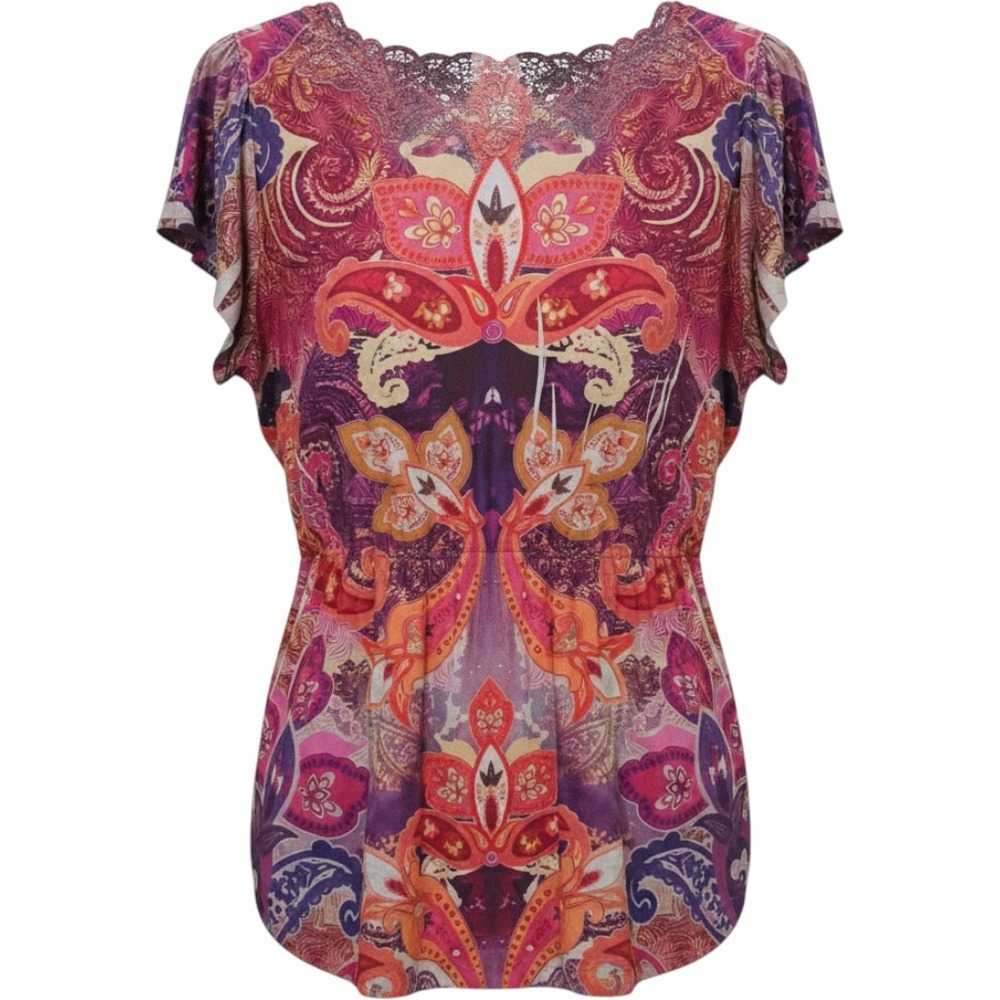 Unity World Wear Pink Purple Paisley Boho Lace Trim Short Sleeve Blouse Top L